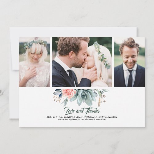 Succulents Greenery and Pink Rose 3 Photos Wedding Thank You Card