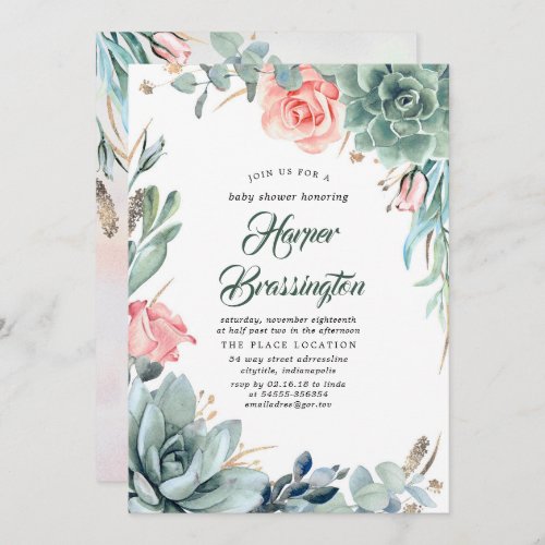 Succulents Greenery and Pink Rose Baby Shower Invitation