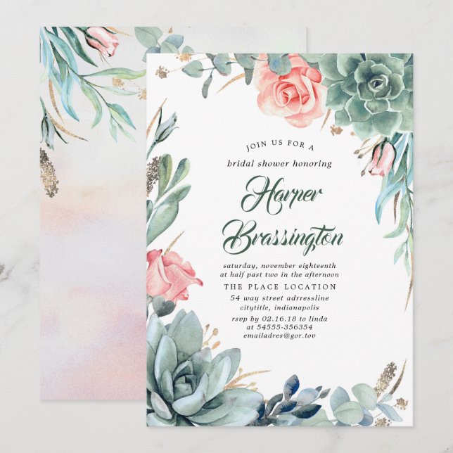 Succulents Greenery and Pink Rose Bridal Shower Invitation (Front/Back)