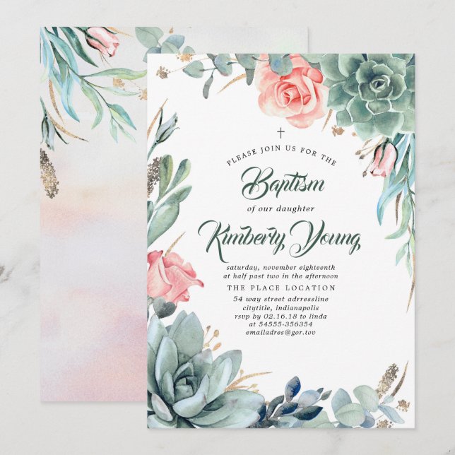 Succulents Greenery and Pink Rose Girl Baptism Invitation (Front/Back)