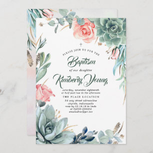 Succulents Greenery and Pink Rose Girl Baptism Invitation