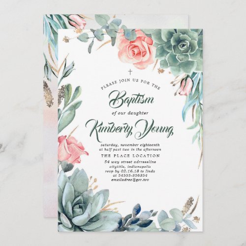 Succulents Greenery and Pink Rose Girl Baptism Invitation
