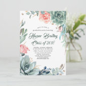 Succulents Greenery and Pink Rose Graduation Party Invitation (Standing Front)