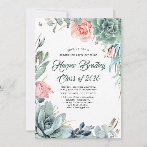 Succulents Greenery and Pink Rose Graduation Party Invitation