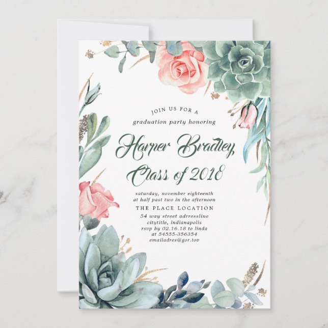 Succulents Greenery and Pink Rose Graduation Party Invitation (Front)