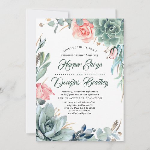 Succulents Greenery and Pink Rose Rehearsal Dinner Invitation