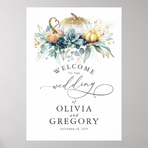 Succulents Greenery and Pumpkins Wedding Welcome Poster