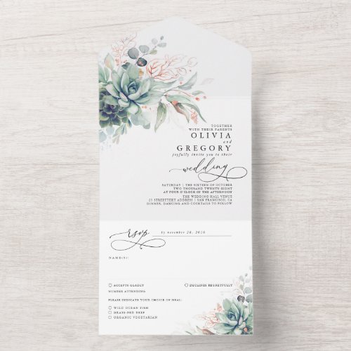 Succulents Greenery and Rose Gold Leaves Wedding All In One Invitation