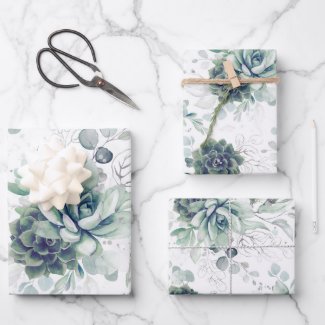 Succulents Greenery and Silver Eucalyptus Leaves Wrapping Paper Sheets