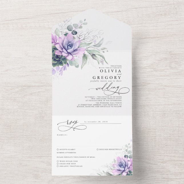 Succulents Greenery and Silver Leaves Wedding  All In One Invitation (Inside)