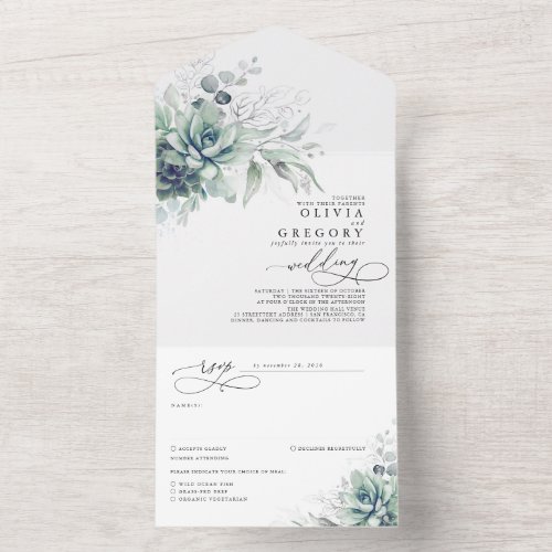 Succulents Greenery and Silver Leaves Wedding All In One Invitation
