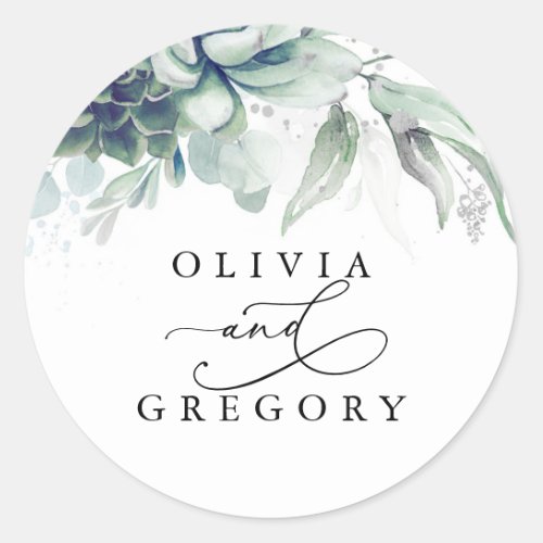 Succulents Greenery and Silver Wedding Classic Round Sticker
