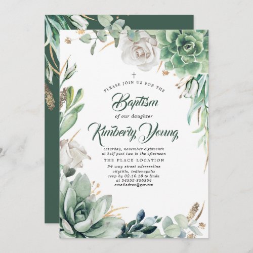 Succulents Greenery and White Rose Baptism Invitation