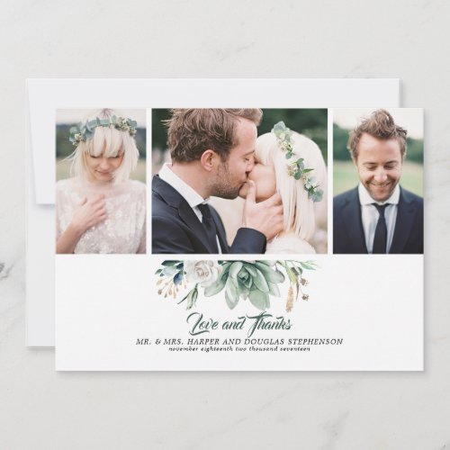 Succulents Greenery and White Rose Wedding Photos Thank You Card