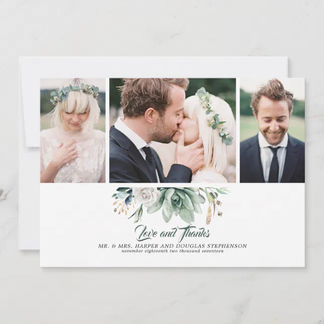 Succulents Greenery and White Rose Wedding Photos Thank You Card | Zazzle