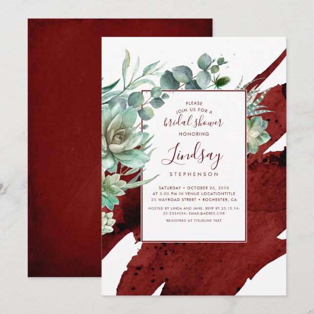 Succulents Greenery Burgundy Red Bridal Shower Invitation (Front/Back)