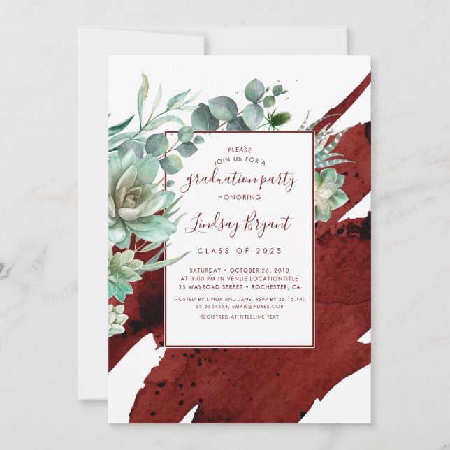 Succulents Greenery Burgundy Red Graduation Party Invitation (Front)