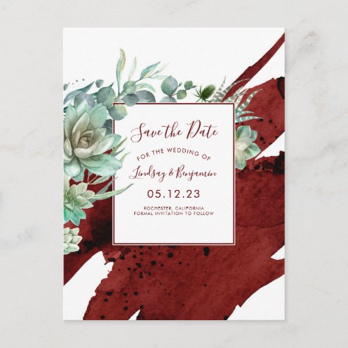 Succulents Greenery Burgundy Red Save the Date Announcement Postcard