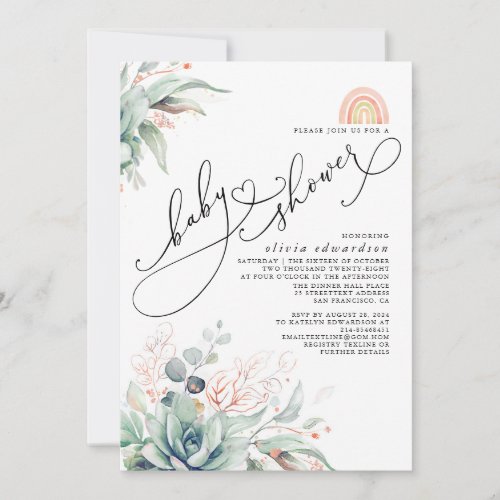 Succulents Greenery Cute Rainbow Baby Shower Invit Invitation