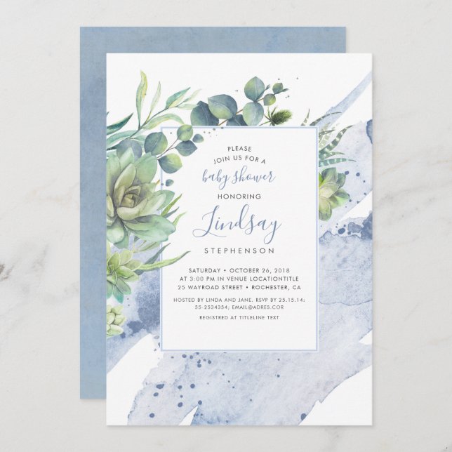 Succulents Greenery Dusty Blue Baby Shower Invitation (Front/Back)