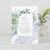 Succulents Greenery Dusty Blue Baby Shower Invitation (Standing Front)