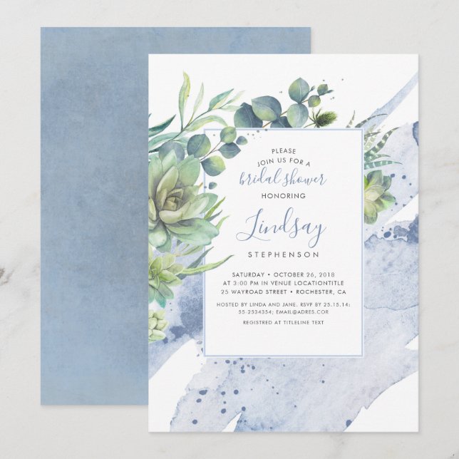 Succulents Greenery Dusty Blue Bridal Shower Invitation (Front/Back)