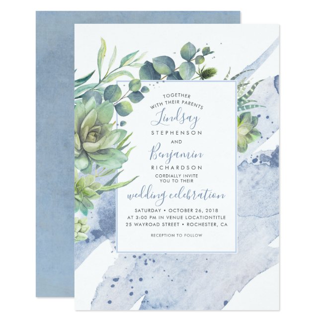 Succulents Greenery Dusty Blue Elegant Wedding Invitation
