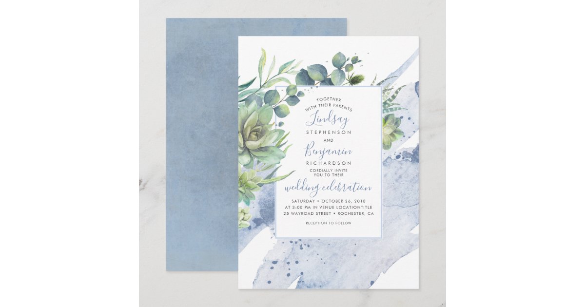 Succulents Greenery Dusty Blue Elegant Wedding Invitation | Zazzle