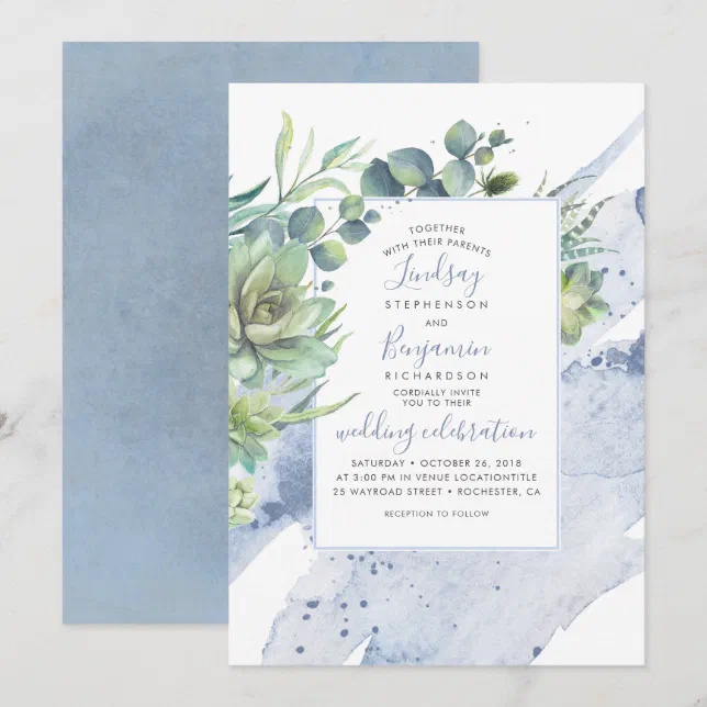 Succulents Greenery Dusty Blue Elegant Wedding Invitation | Zazzle