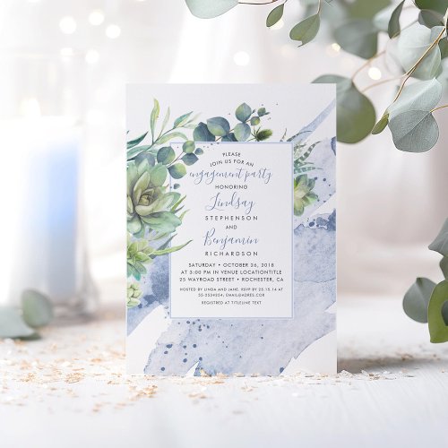 Succulents Greenery Dusty Blue Engagement Party Invitation