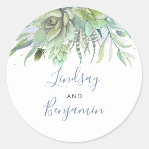 Succulents Greenery Dusty Blue Wedding Classic Round Sticker