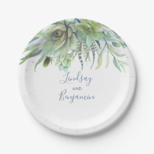 Succulents Greenery Dusty Blue Wedding Paper Plates