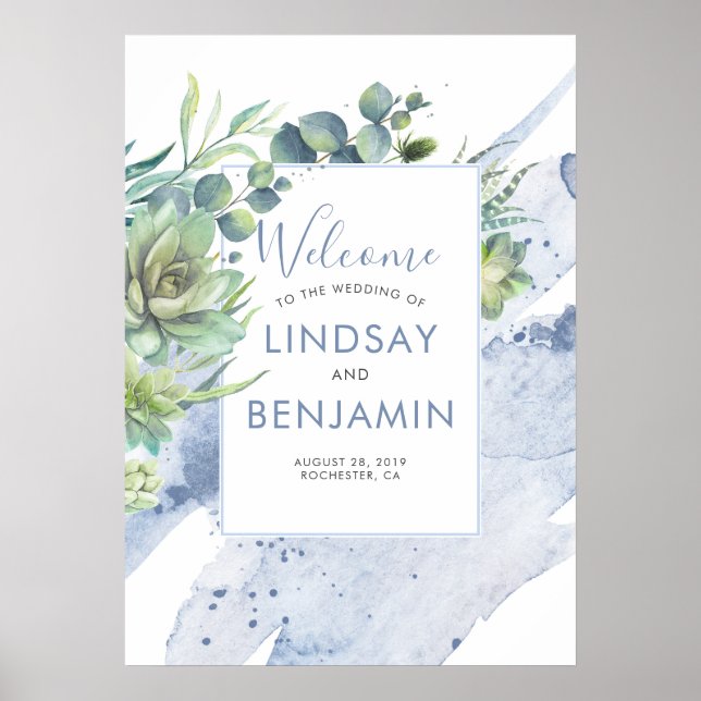 Succulents Greenery Dusty Blue Wedding Poster (Front)