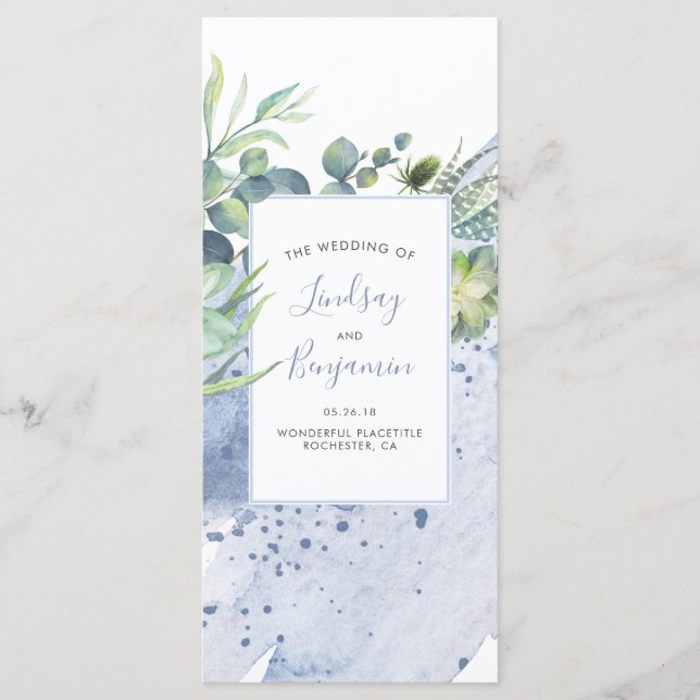 Succulents Greenery Dusty Blue Wedding Programs (Front)