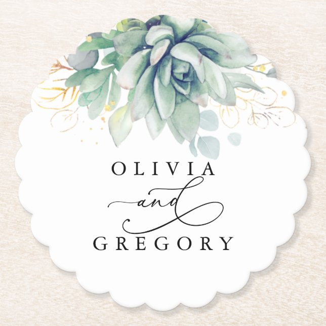 Succulents Greenery Elegant Modern Paper Coaster (Front)