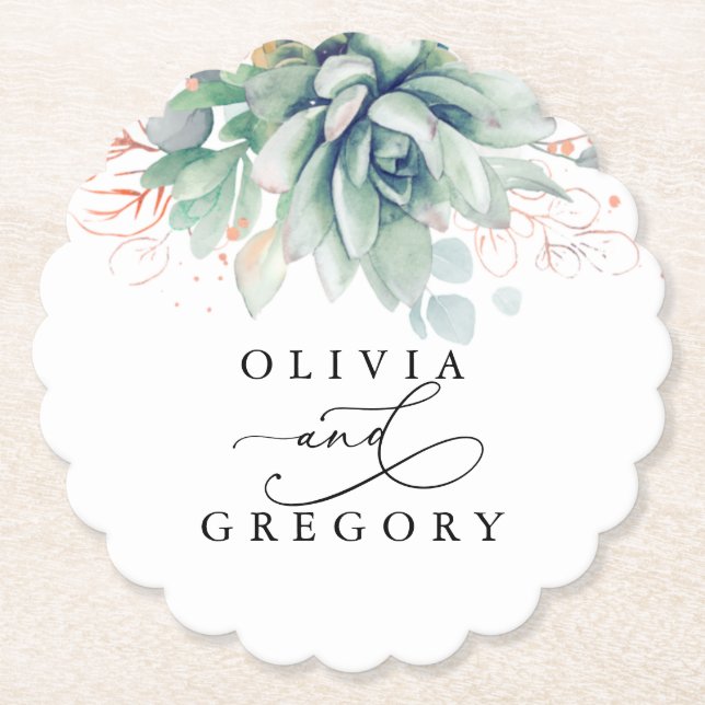 Succulents Greenery Elegant Modern Paper Coaster (Front)