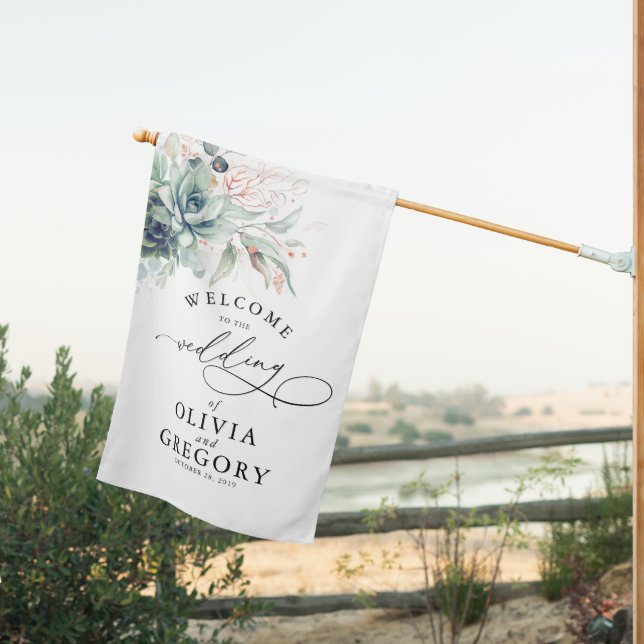 Succulents Greenery Elegant Wedding Welcome House Flag (Insitu (Back))