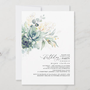 Succulents Greenery Gold Leaves Boho Birthday Invitation