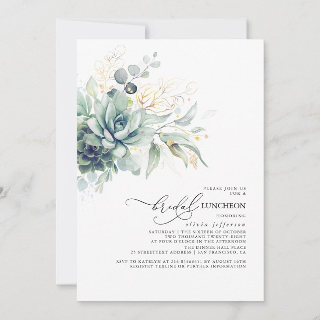 Succulents Greenery Gold Leaves Bridal Luncheon  Invitation (Front)