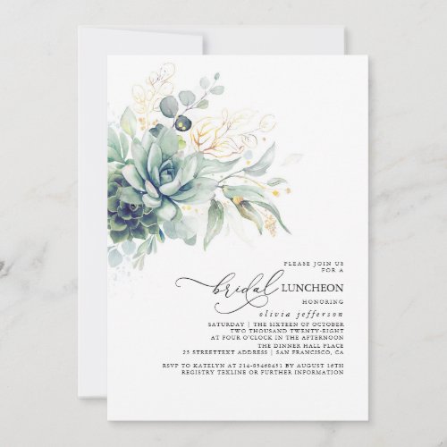 Succulents Greenery Gold Leaves Bridal Luncheon  Invitation