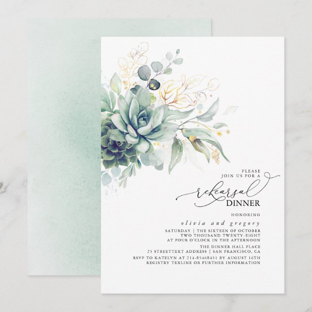 Succulents Greenery Gold Leaves Rehearsal Dinner Invitation (Front/Back)
