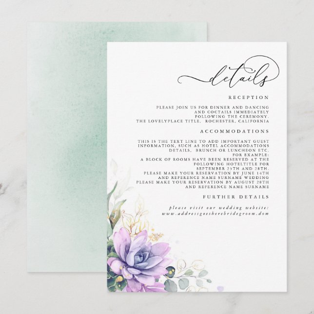 Succulents Greenery Gold Leaves Wedding Details En Enclosure Card (Front/Back)