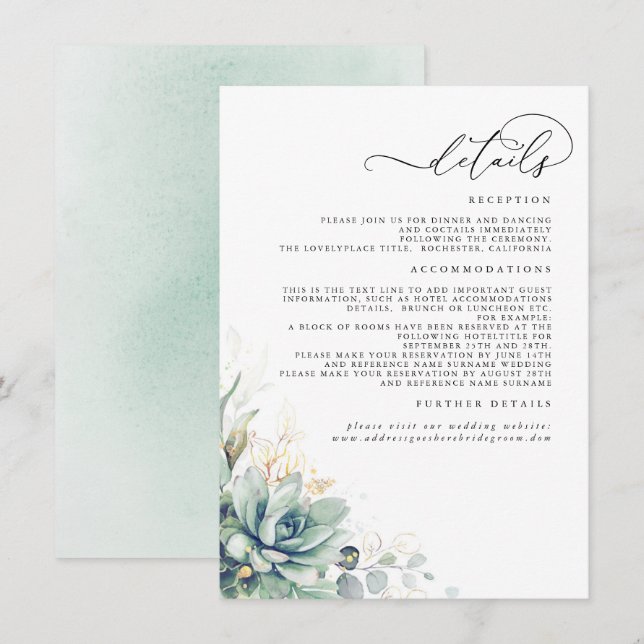 Succulents Greenery Gold Leaves Wedding Details Enclosure Card (Front/Back)