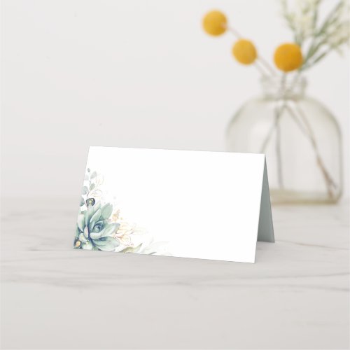 Succulents Greenery Gold Leaves Wedding Place Card