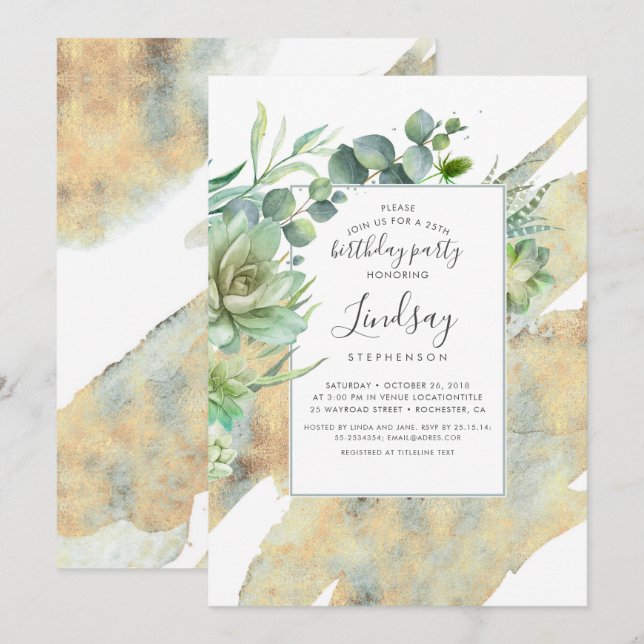 Succulents Greenery Gold Watercolors Birthday Invitation (Front/Back)