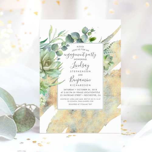 Succulents Greenery Gold Watercolors Engagement Invitation