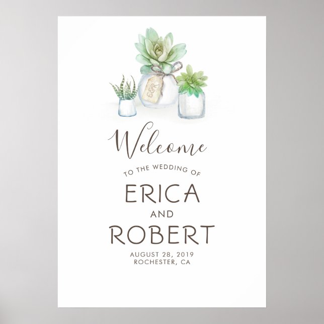 Succulents Greenery Mason Jars Rustic Wedding Poster (Front)