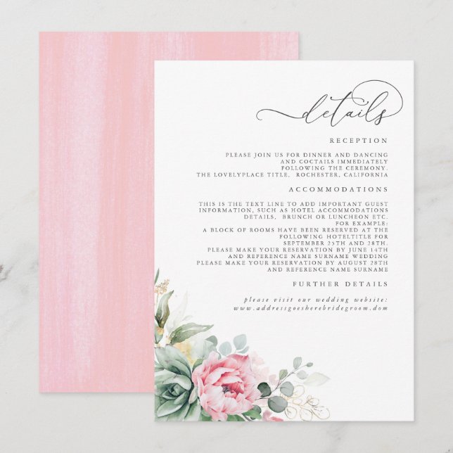 Succulents Greenery Pink Floral Wedding Details Enclosure Card (Front/Back)