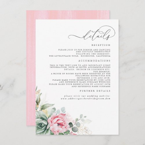 Succulents Greenery Pink Floral Wedding Details Enclosure Card
