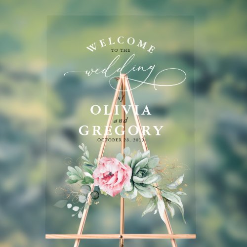 Succulents Greenery Pink Floral Wedding Welcome Acrylic Sign